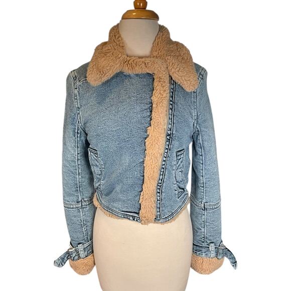 Hollister Faux Fur Lined Denim Jacket Women’s XS Y2K Cropped Tan Sherpa Collar - Picture 2 of 13